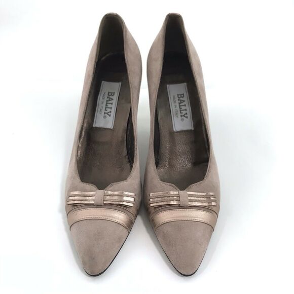Bally Italy Suede Pumps Taupe Rose Gold Slip On Heels Bow Womens Size 8N - Picture 3 of 11